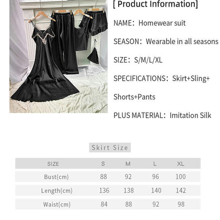 Women's Simulated Silk Pajamas 5-piece Set - Camisole Shorts Long Pants Dress Pajama Set