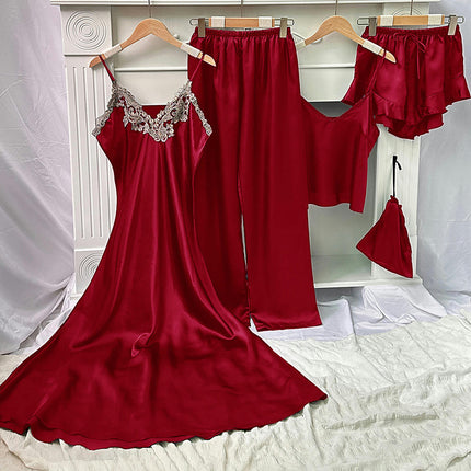 Women's Simulated Silk Pajamas 5-piece Set - Camisole Shorts Long Pants Dress Pajama Set