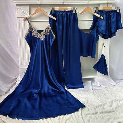 Women's Simulated Silk Pajamas 5-piece Set - Camisole Shorts Long Pants Dress Pajama Set