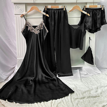 Women's Simulated Silk Pajamas 5-piece Set - Camisole Shorts Long Pants Dress Pajama Set