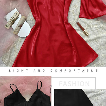 Satin Nightgown Sexy Faux Silk Nightdress Spaghetti Straps Short Deep V Neck Nightgown