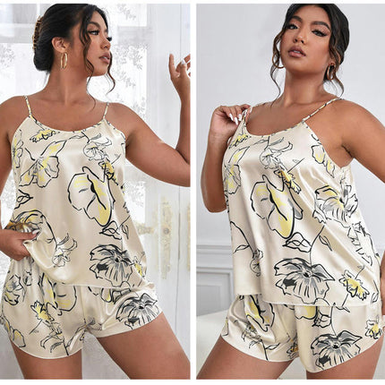 Simulation Silk Pajamas Two-piece Set Fashion Printed Shorts Sexy Backless Suspender Top Set