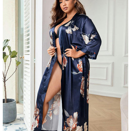 Women's Satin Kimono Robe Floral Long Imitation Silk Bridal Kimonos Bridesmaid Party Dressing Gown