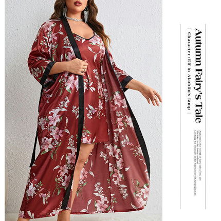 Women's Large Size Simulation Silk Nightdress Robe 2-piece Set Flower Printed Casual Home Clothes