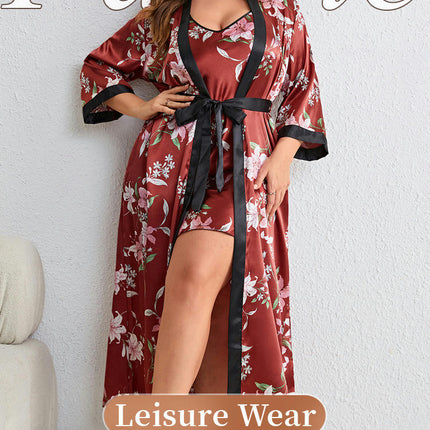 Women's Large Size Simulation Silk Nightdress Robe 2-piece Set Flower Printed Casual Home Clothes