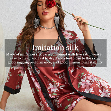 Women's Large Size Simulation Silk Nightdress Robe 2-piece Set Flower Printed Casual Home Clothes