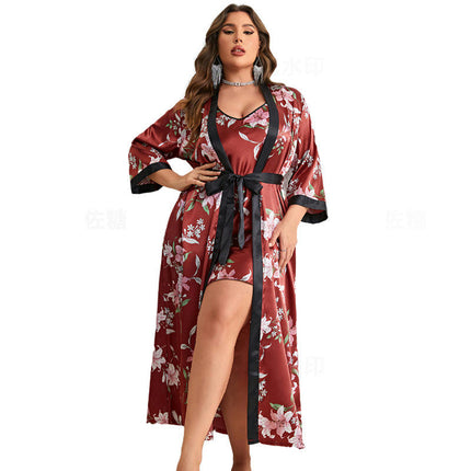 Women's Large Size Simulation Silk Nightdress Robe 2-piece Set Flower Printed Casual Home Clothes