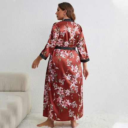 Women's Large Size Simulation Silk Nightdress Robe 2-piece Set Flower Printed Casual Home Clothes