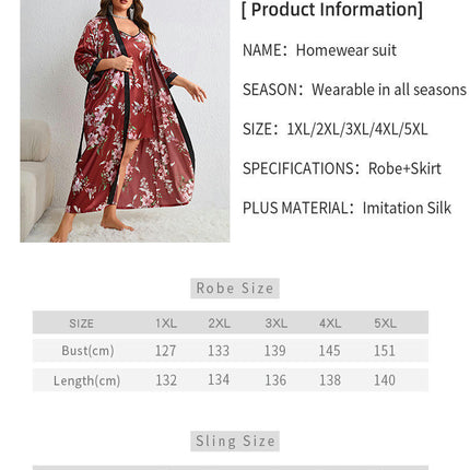 Women's Large Size Simulation Silk Nightdress Robe 2-piece Set Flower Printed Casual Home Clothes