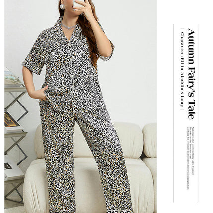 Imitation Silk Leopard Print Large Size Pajama Set Short Sleeve Top and Pants 2-Piece Set