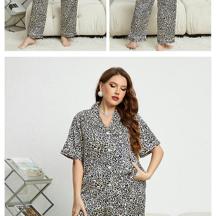 Imitation Silk Leopard Print Large Size Pajama Set Short Sleeve Top and Pants 2-Piece Set