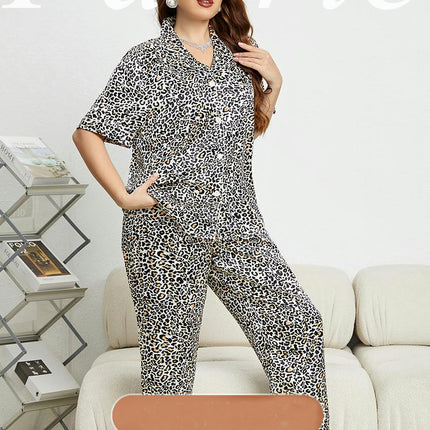 Imitation Silk Leopard Print Large Size Pajama Set Short Sleeve Top and Pants 2-Piece Set