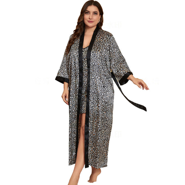 Suspender Nightdress Set Imitation Ice Silk Print Pajamas Robe 2-piece Set