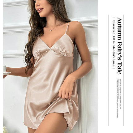 Satin Nightgown Imitation Silk Full Slip Dress Woman Sleepwear Lingerie Dress Silk Mini Slip Chemise Nightgown