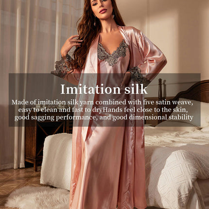 Women Sexy Imitation Silk Satin Robe Camisole Pajama Dress 2 Piece suit Sleepwear-A