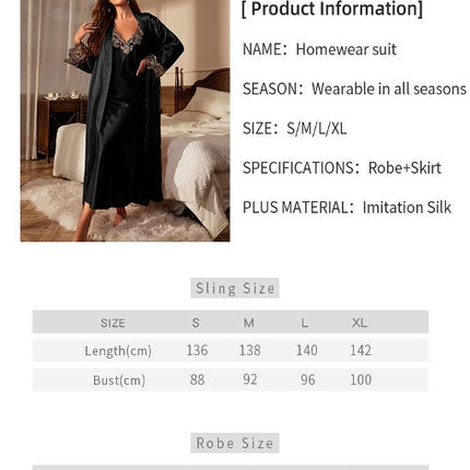 Women Sexy Imitation Silk Satin Robe Camisole Pajama Dress 2 Piece suit Sleepwear-A