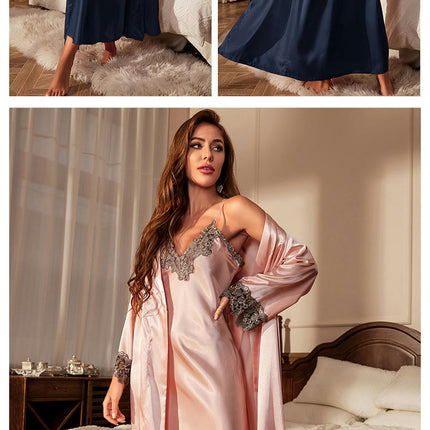 Women Sexy Imitation Silk Satin Robe Camisole Pajama Dress 2 Piece suit Sleepwear-A