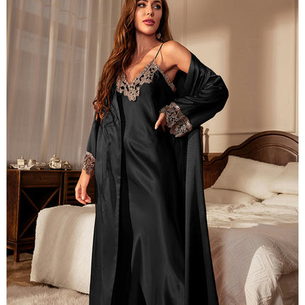 Women Sexy Imitation Silk Satin Robe Camisole Pajama Dress 2 Piece suit Sleepwear-A