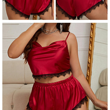 Imitation Silk Satin Pajamas Women Lace Sleepwear Lingerie Cami Shorts Set Nightwear