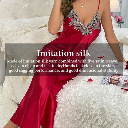 Womens Satin Nightgown Long Slip Sleep Dress Imitation Silk Flowers Embroidered V Neck Nightgowns