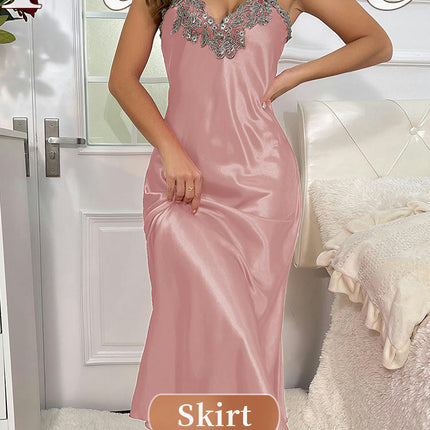 Womens Satin Nightgown Long Slip Sleep Dress Imitation Silk Flowers Embroidered V Neck Nightgowns