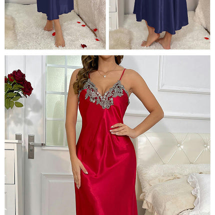 Womens Satin Nightgown Long Slip Sleep Dress Imitation Silk Flowers Embroidered V Neck Nightgowns