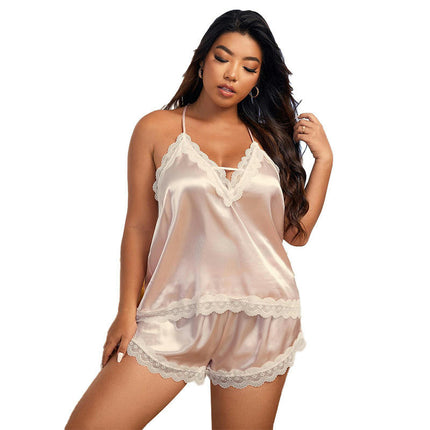 Women Cami Pajama Set Imitation Silk Sleepwear Lace Trim Short PJ Set with Shorts