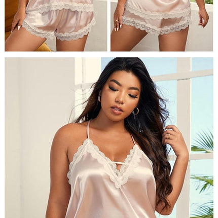 Women Cami Pajama Set Imitation Silk Sleepwear Lace Trim Short PJ Set with Shorts