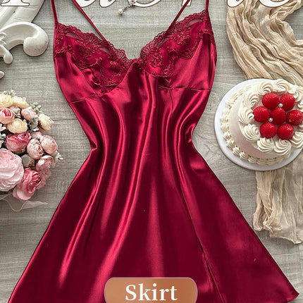 Lingerie for Women Suspenders Lace Chemise Nightgown Satin Babydoll Dress Imitation Silk Slip Nightwear