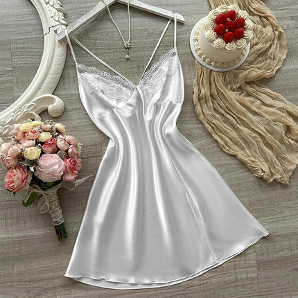 Lingerie for Women Suspenders Lace Chemise Nightgown Satin Babydoll Dress Imitation Silk Slip Nightwear