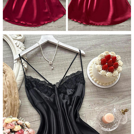 Lingerie for Women Suspenders Lace Chemise Nightgown Satin Babydoll Dress Imitation Silk Slip Nightwear