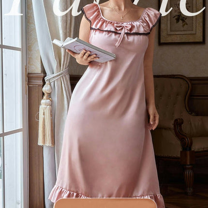 Imitation Silk Ruffle Sleeve Long Dress-Large Size Loose Nightdress Women