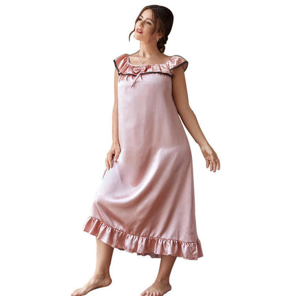 Imitation Silk Ruffle Sleeve Long Dress-Large Size Loose Nightdress Women