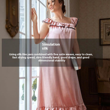 Imitation Silk Ruffle Sleeve Long Dress-Large Size Loose Nightdress Women