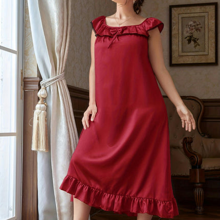 Imitation Silk Ruffle Sleeve Long Dress-Large Size Loose Nightdress Women