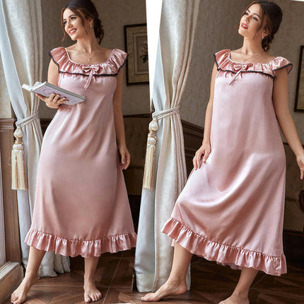 Imitation Silk Ruffle Sleeve Long Dress-Large Size Loose Nightdress Women