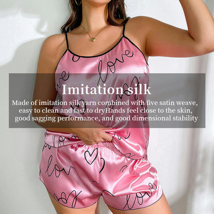 Women Imitation Silk Pajamas Shorts Set 2 Piece English Letter Camisole Shorts Pajamas Set