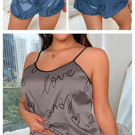 Women Imitation Silk Pajamas Shorts Set 2 Piece English Letter Camisole Shorts Pajamas Set