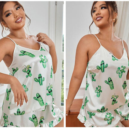 Women's Large Size Backless Imitation Silk Suspender Pajamas Cactus Suspender Shorts Set