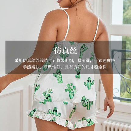 Women's Large Size Backless Imitation Silk Suspender Pajamas Cactus Suspender Shorts Set