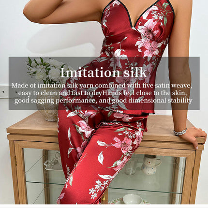 Women's Printed Suspender Pants Pajama Set-Silk Comfortable Home Clothes Pajamas