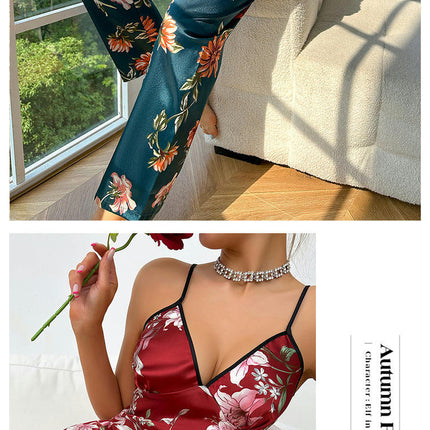 Women's Printed Suspender Pants Pajama Set-Silk Comfortable Home Clothes Pajamas