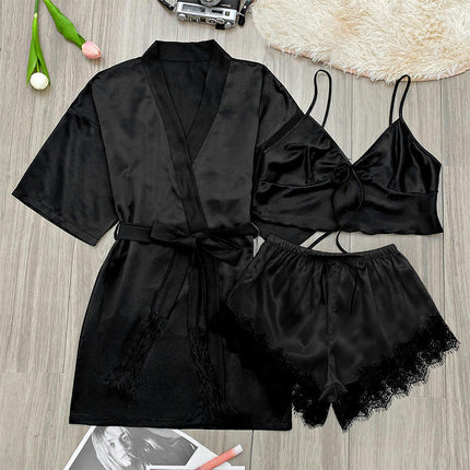 Imitation Silk Women's Nightgown - Summer Mid-Length Sexy Lace-up Bathrobe 3-piece Set