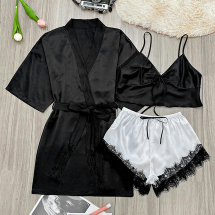 Imitation Silk Women's Nightgown - Summer Mid-Length Sexy Lace-up Bathrobe 3-piece Set