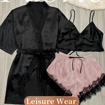 Imitation Silk Women's Nightgown - Summer Mid-Length Sexy Lace-up Bathrobe 3-piece Set