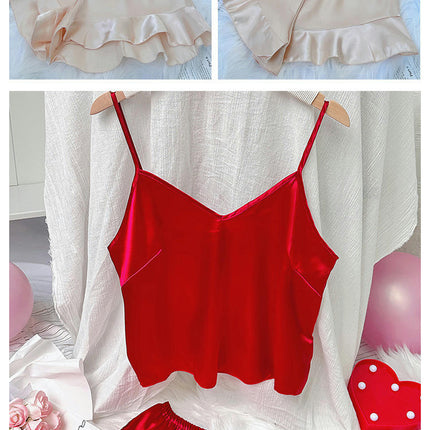 Women's Sexy Imitation Silk Satin Ruffled Pajamas Sets Cami Shorts Sets Sleepwear