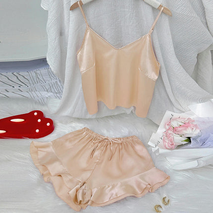 Women's Sexy Imitation Silk Satin Ruffled Pajamas Sets Cami Shorts Sets Sleepwear