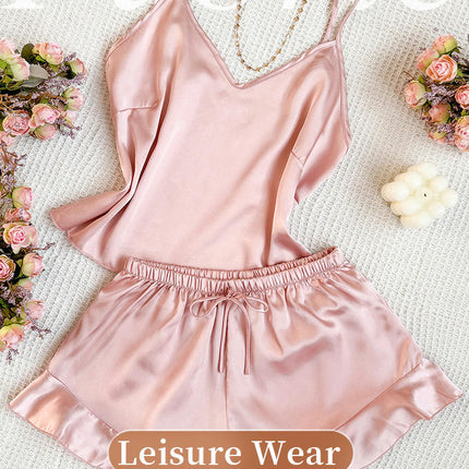 Women's Sexy Imitation Silk Satin Ruffled Pajamas Sets Cami Shorts Sets Sleepwear