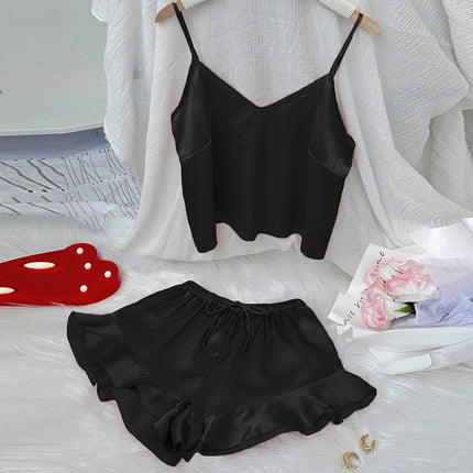 Women's Sexy Imitation Silk Satin Ruffled Pajamas Sets Cami Shorts Sets Sleepwear