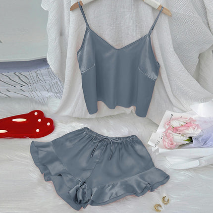 Women's Sexy Imitation Silk Satin Ruffled Pajamas Sets Cami Shorts Sets Sleepwear